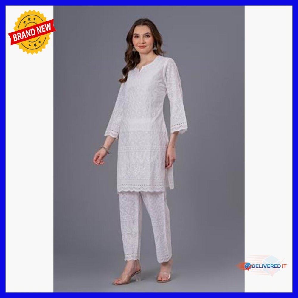 Hand Embroidered Cotton Kurta Set with Pant Dupatta Traditional Indian Tunic - Picture 5 of 7